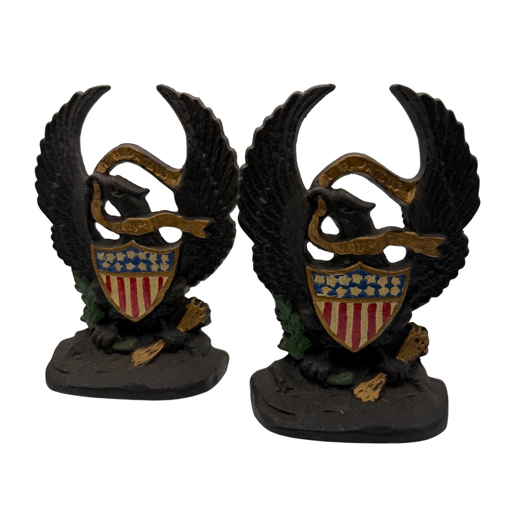 Vintage Cast Iron American Eagle Bookends Patriotic Shield E Pluribus Unum Set